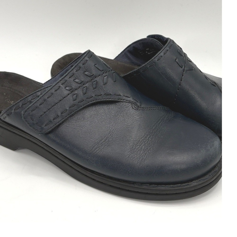 Clarks Womens Navy Blue Leather Mules Clogs Hook Loop Strap Shoes Size 9M